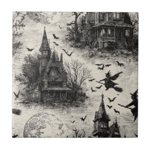 Azulejo Vintage Hauned House y Witch Toile Pattern