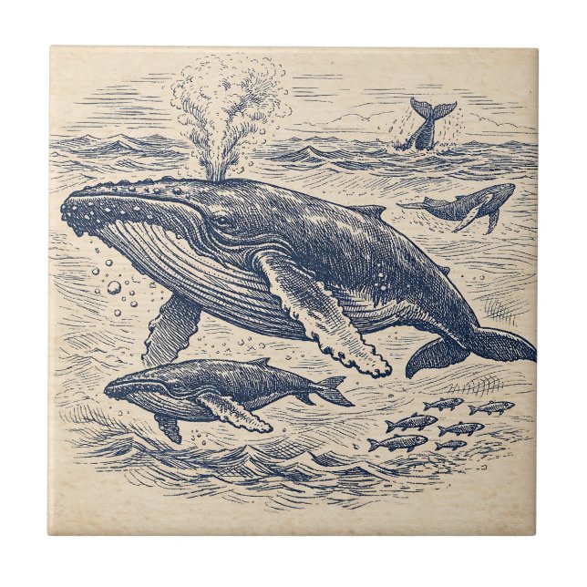 Azulejo Vintage Humpback Whale Pod Engraving (Frente)