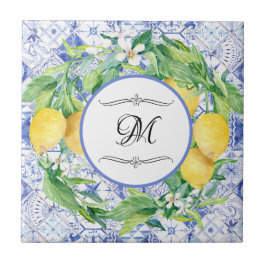 Azulejo Vintage Lemon Floral Azul Blanco con Monograma