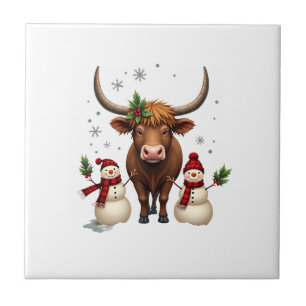 Azulejo Vintage Navidad Vaca Highland con Muñecos de Nieve