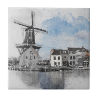 Azulejo Vintage Netherlands Windmill Ceramic Tile Dutch