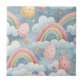 Azulejo Vintage Pastel Rainbow Easter Eggs with Clouds