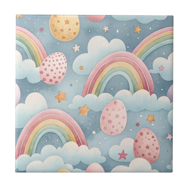 Azulejo Vintage Pastel Rainbow Easter Eggs with Clouds (Frente)