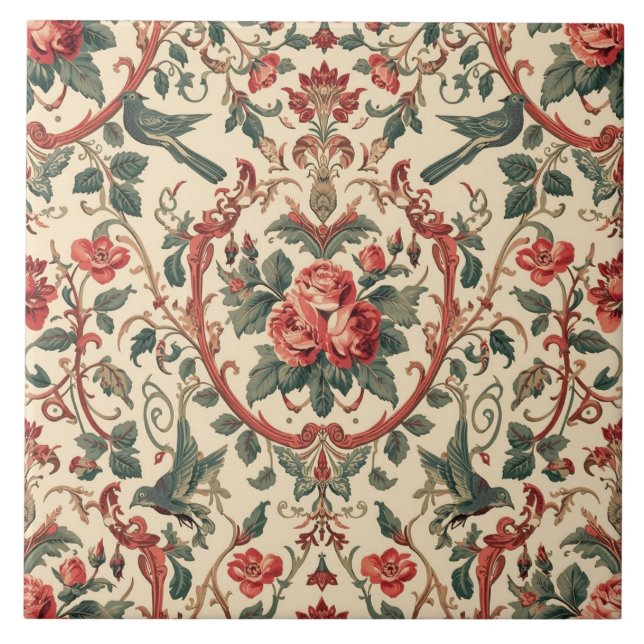 Azulejo Vintage Rose & Bird Pattern Romantic Art Nouveau (Frente)