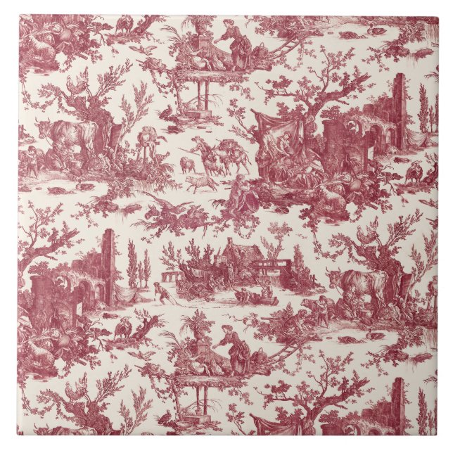 Azulejo Vintage Rustic Farm French Toile-Red & Tan (Frente)