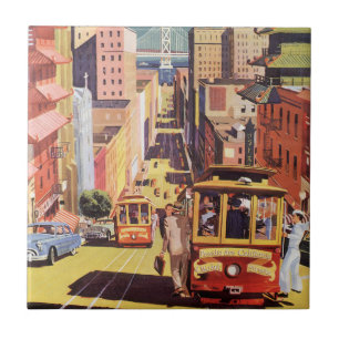 Azulejo Vintage San Francisco Cable Carros Viaje Afiche Ar