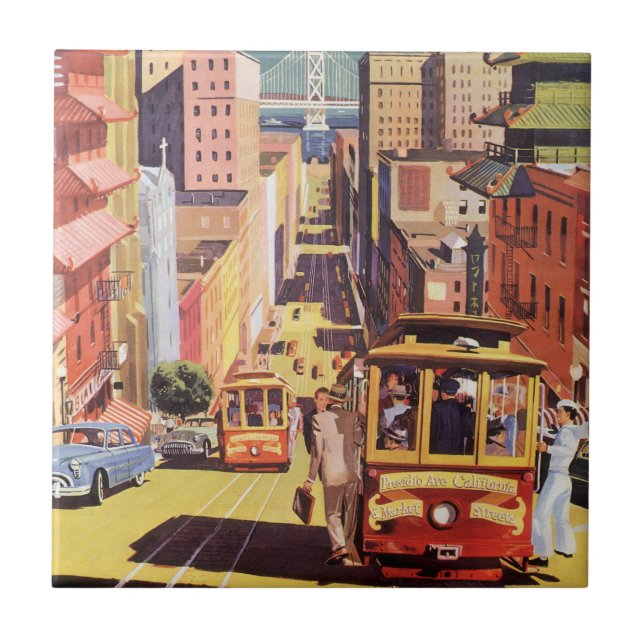 Azulejo Vintage San Francisco Cable Carros Viaje Afiche Ar (Frente)