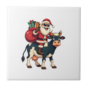 Azulejo Vintage Santa Bigfoot montando vaca Navidad divert