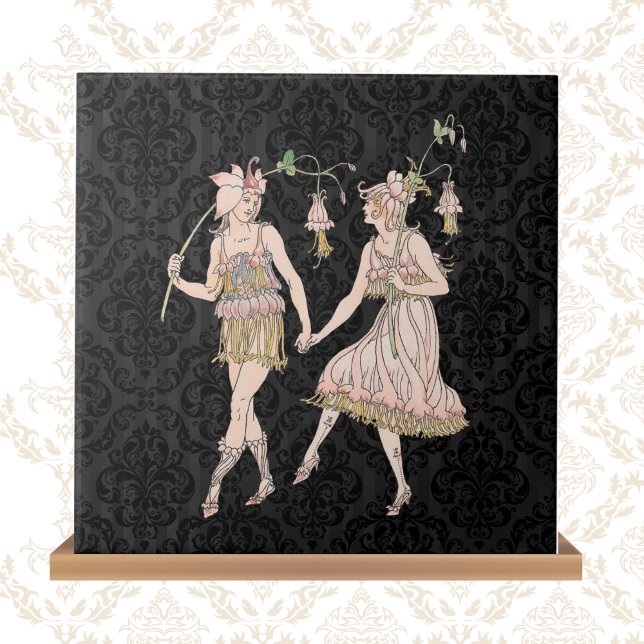 Azulejo Vintage Shakespeare's Garden Women on Black Damask (Subido por el creador)