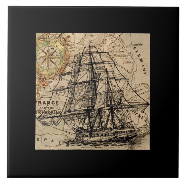 Azulejo Vintage Ship And Map (Frente)
