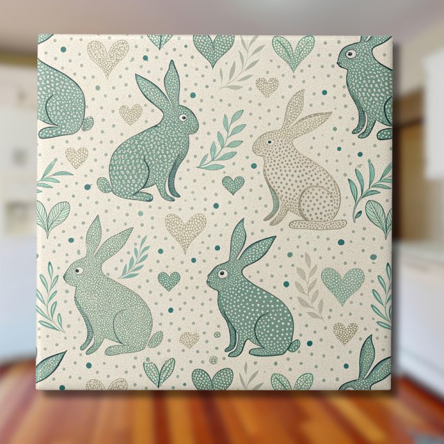 Azulejo Vintage Simple Bunny Silhouettes Hearts Pattern (Subido por el creador)