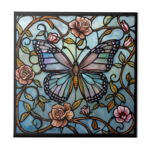 Azulejo vintage stain glass blue butterfly art  (Frente)