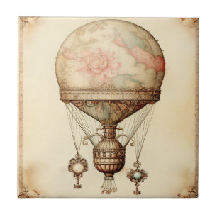 Azulejo Vintage Steampunk Floral Hot Air Balloon