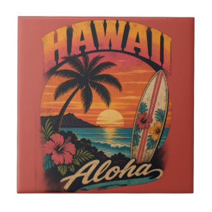 Azulejo Vintage Sunset Palms Surfboard Aloha Hawaiano
