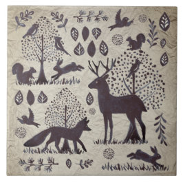 Azulejo Vintage Tan Gray Woodland Animal Fox Rabbit
