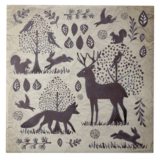 Azulejo Vintage Tan Gray Woodland Animal Fox Rabbit (Frente)