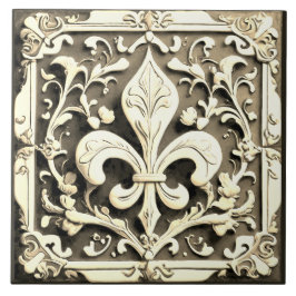 Azulejo Vintage Yellowe Black and White Fleur de Lis
