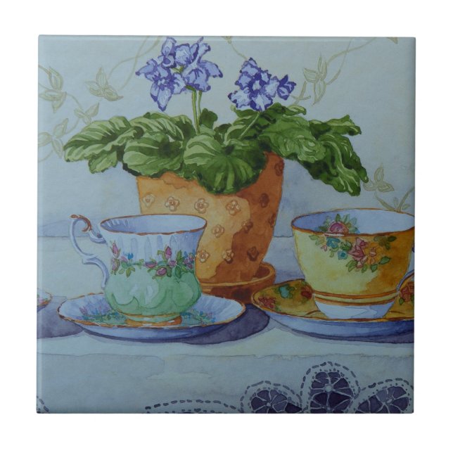 Azulejo Violeta africana 6470 y tazas de té (Frente)