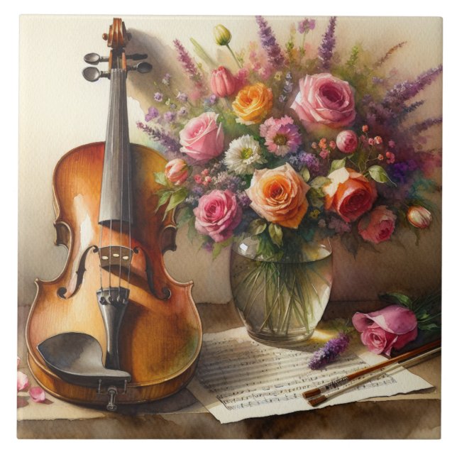 Azulejo Violín, música de chapa y una bolsa de flores (Frente)
