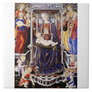 Azulejo Virgen y Niño entronizados con ángel músico