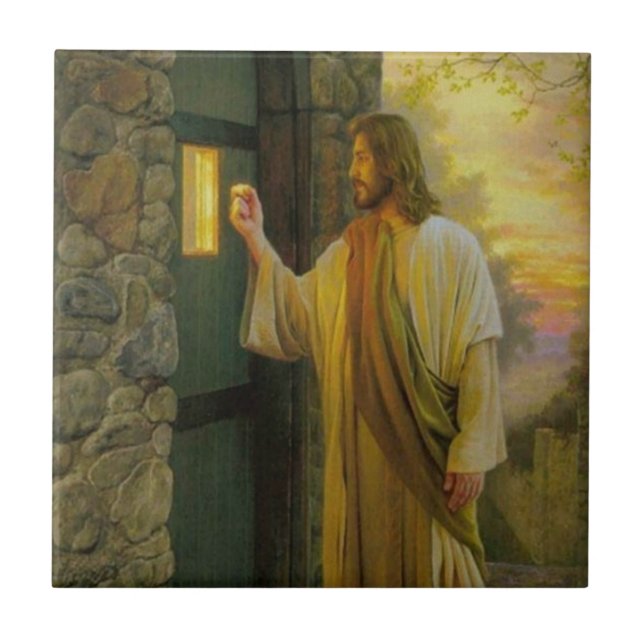 Azulejo Visita al amanecer Jesús tocando una puerta rústic (Frente)