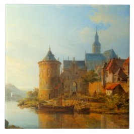 Azulejo Vista de un pueblo holandés a lo largo del río Rin