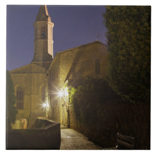 Azulejo Vista nocturna de iglesia al anochecer, Pienza, It