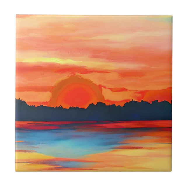 Azulejo Vivid Ocean Sunset en Fiery Naranja (Frente)