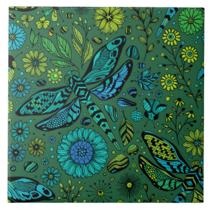 Azulejo Volar, volar libélula sobre verde esmeralda
