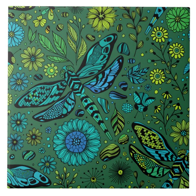 Azulejo Volar, volar libélula sobre verde esmeralda (Frente)