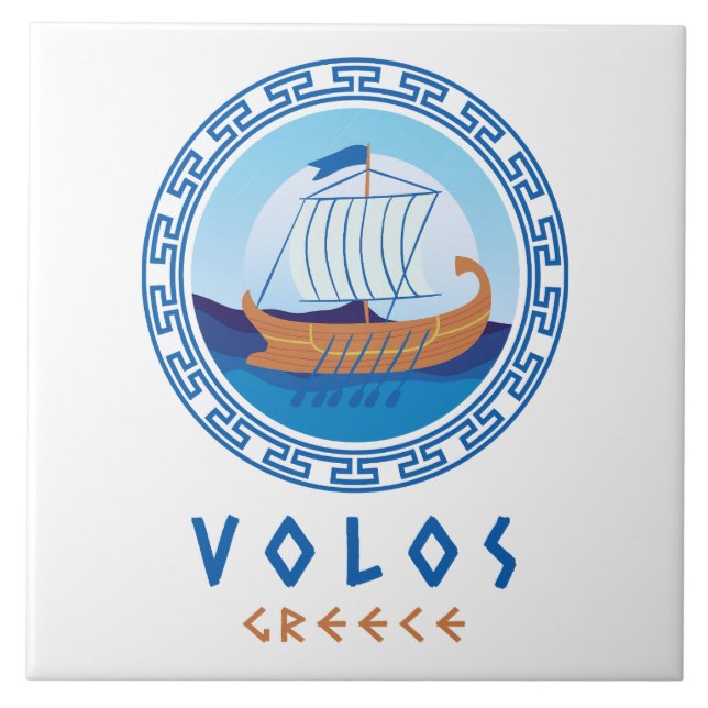 Azulejo Volos, Grecia Diseño de Barco Griego Tile Cerámico (Frente)