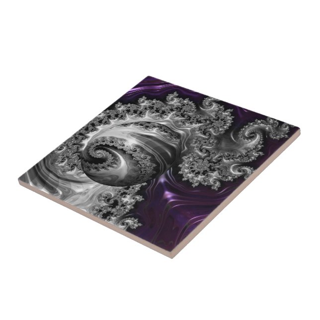 Azulejo Vórtex fractal plateado y púrpura (Lado)