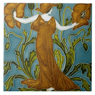 Azulejo Walter Crane Art Nouveau Doncella Amapola Naranja