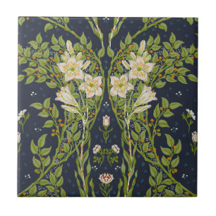 Azulejo Walter Crane Vintage Navy Patrón de Lirio Blanco