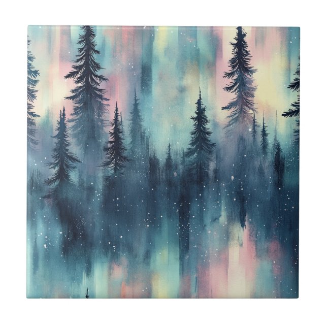 Azulejo Watercolor Aurora Borealis Forest (2) (Frente)