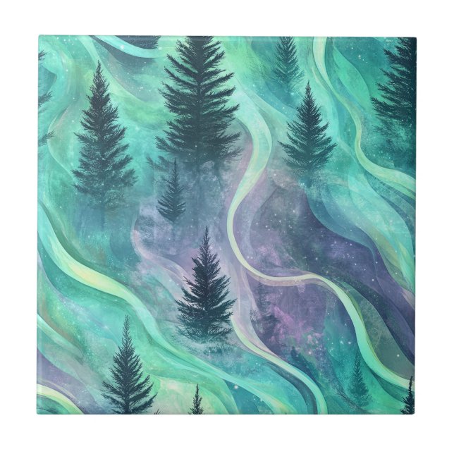 Azulejo Watercolor Aurora Borealis Forest (5) (Frente)