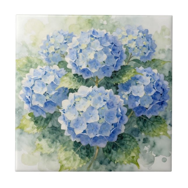 Azulejo Watercolor Blue Hydrangea Bouquet (Frente)