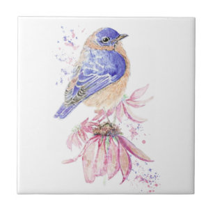 Azulejo Watercolor Bluebird Flor rosa Arte de pájaro