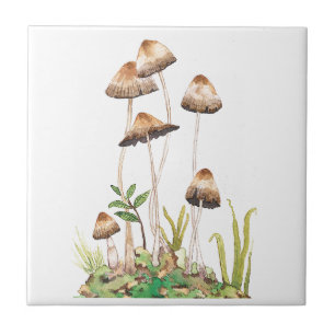 Azulejo Watercolor Brown Forest Mushrooms