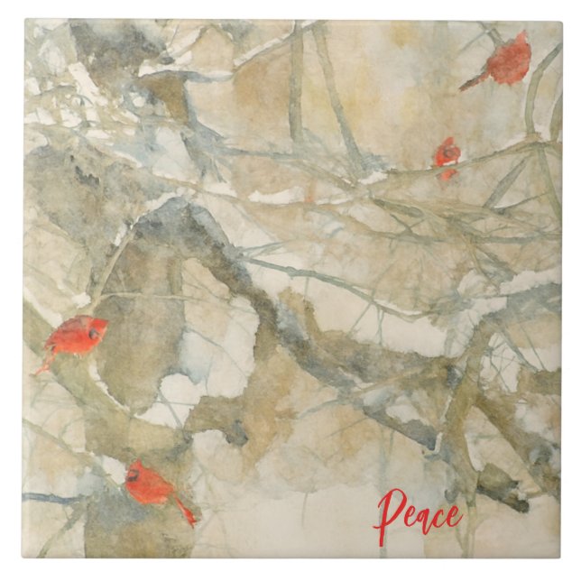 Azulejo Watercolor Cardinals in the Snow (Frente)