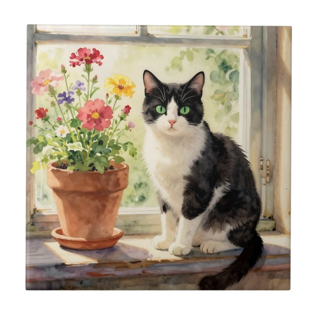 Azulejo Watercolor Cat and Flowers on Window Sill (Frente)