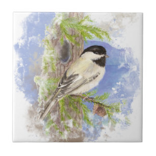 Azulejo Watercolor Chickadee Bird Naturaleza arte