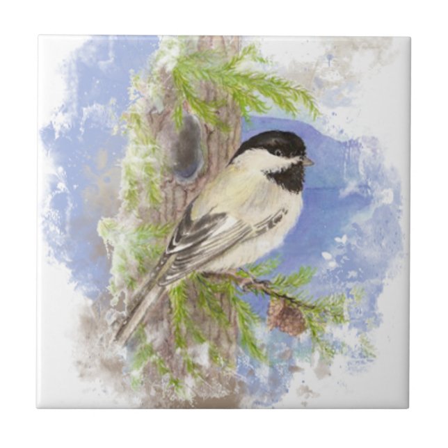 Azulejo Watercolor Chickadee Bird Naturaleza arte (Frente)