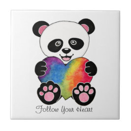 Azulejo Watercolor Cute Panda Con Corazón Arcoiris