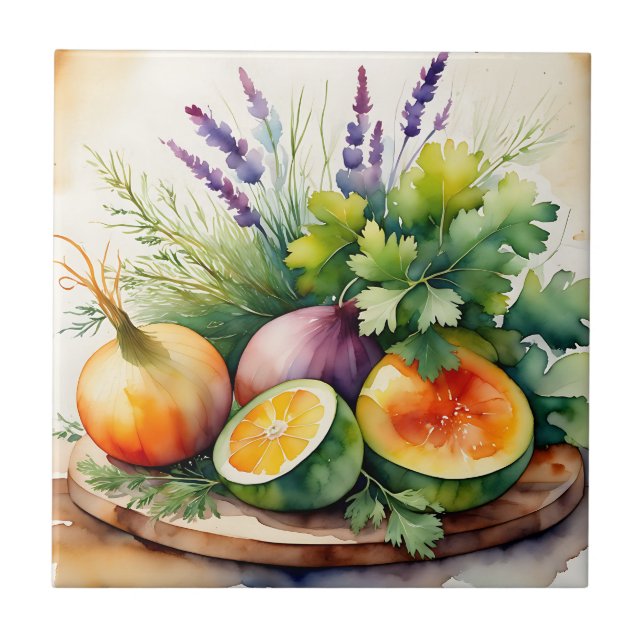 Azulejo Watercolor Fresh Herbs Citrus Arrangement (Frente)