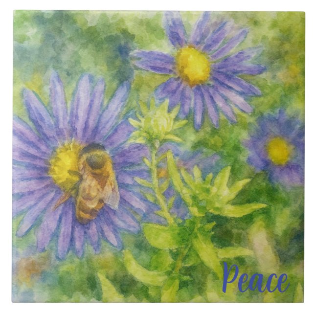 Azulejo Watercolor Honeybee on Flowers (Frente)