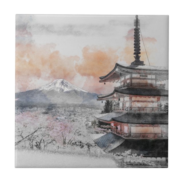Azulejo Watercolor Japanese Pagoda & Fuji  (Frente)