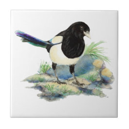 Azulejo Watercolor Magpie Bird Willife Art