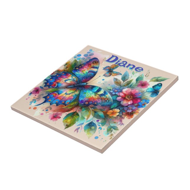 Azulejo Watercolor Mariposa Jardín floral Personalizado (Lado)