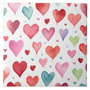 Azulejo Watercolor Moderno Rojo Pink Blue Heart Pattern